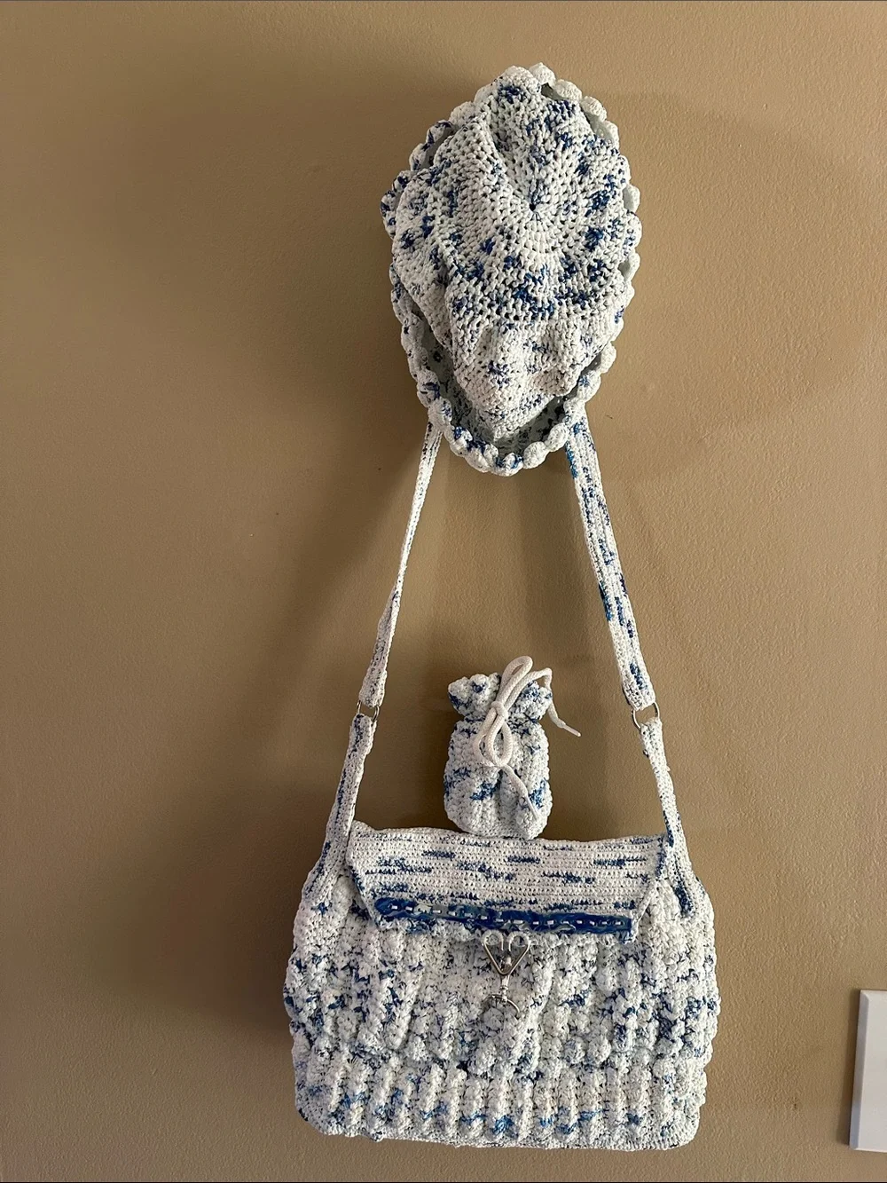 Upcycled Plarn 3-Piece Accessories Set: Shoulder Bag, Matching Hat & Coin Pouch